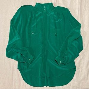 Liz Claiborne Vintage 100% Silk Emerald Long Sleeved Blouse with High Collar
